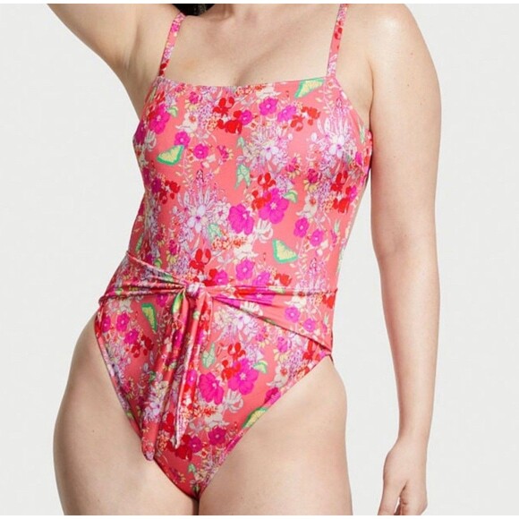 Victoria's Secret One Piece Swim Suit Womens XL Pink Floral Sexy New Tie Waist - Picture 2 of 10